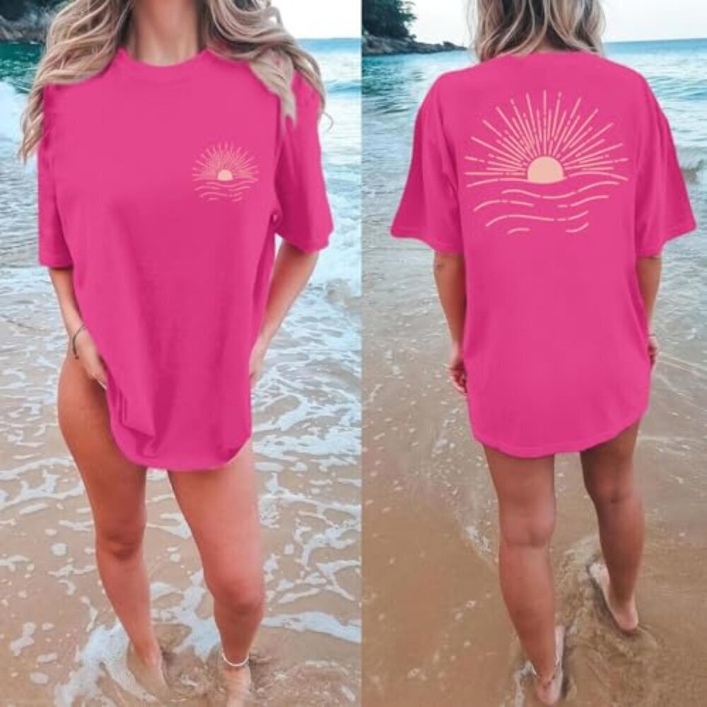 Oversized Vintage Sun Print Graphic Tee Baggy Y2K Beach Top - Picture 3 of 7